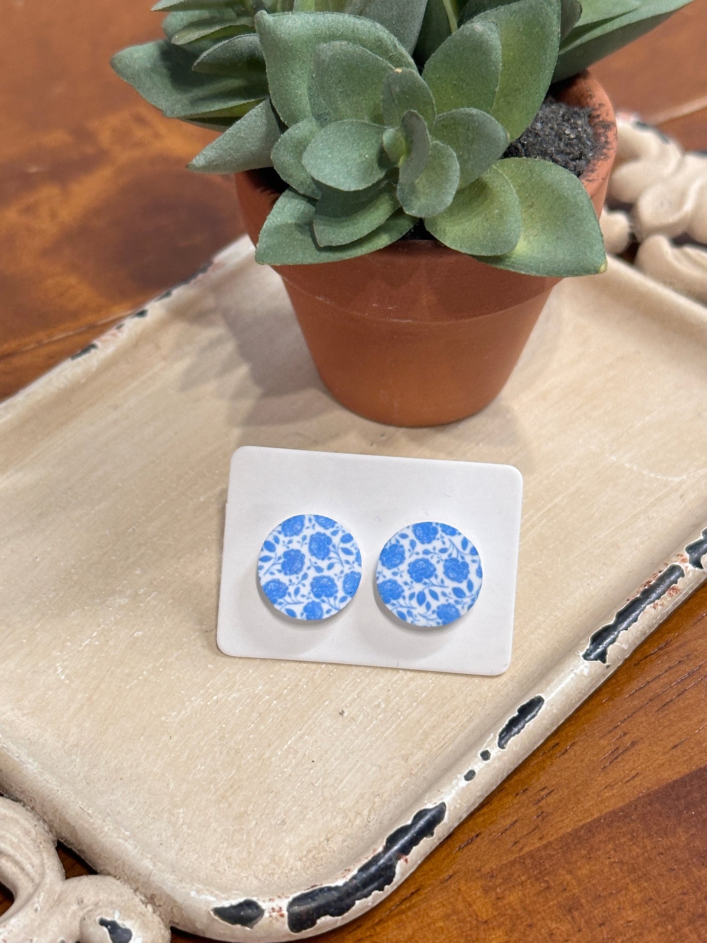 Sublimation Blue Floral Acrylic Stud Earrings