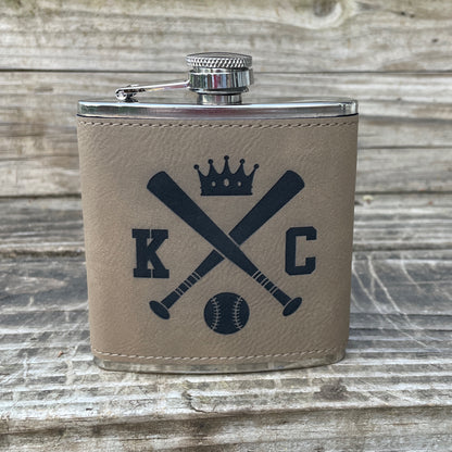 KC Baseball 6 oz Leatherette and Stainless Steel Flask