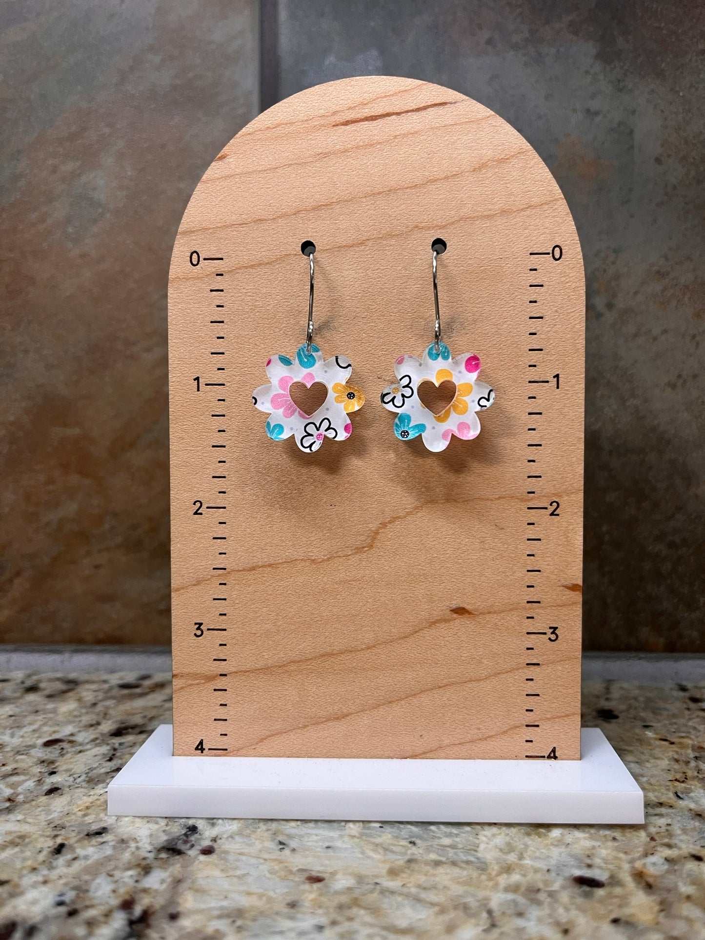 Mini Bloom Hollow Hearts Vibrant Blooms Acrylic Dangle Earrings