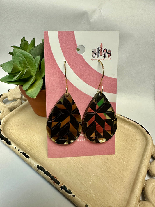 Classic Scattered Black Quilt on Gold Mirror Acrylic Dangle Earrings