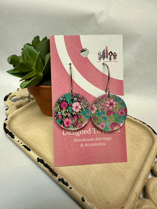 Classic Micro Pink Floral Silver Mirror Acrylic Dangle Earrings