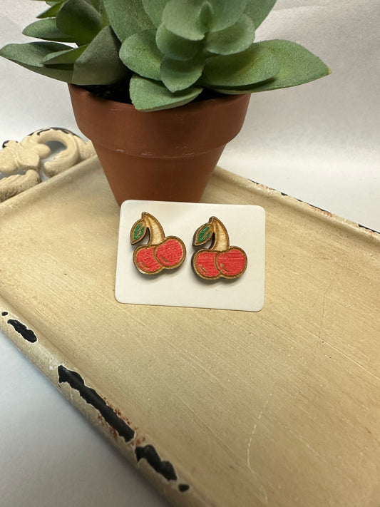 Cherries Wooden Stud Earrings