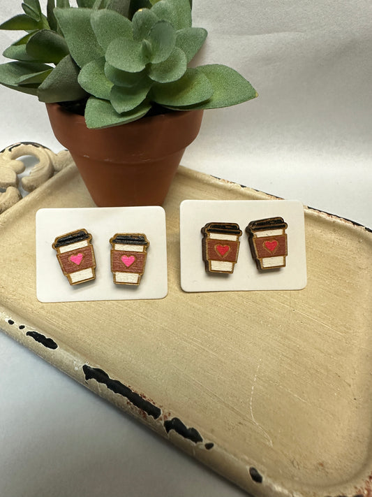 Coffee Cups Wooden Stud Earrings