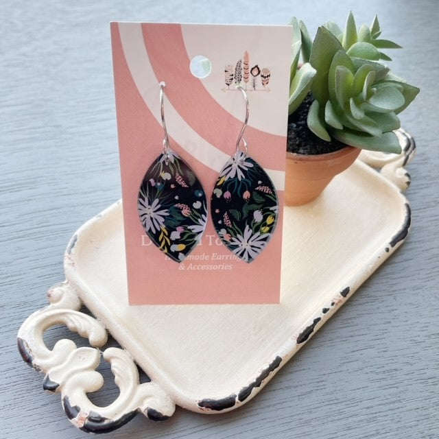 Dark Floral Bloom Print Dangle Earrings