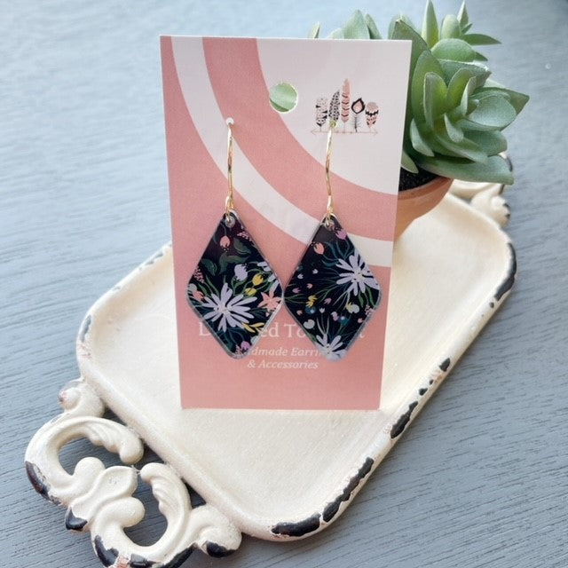 Dark Floral Bloom Print Dangle Earrings